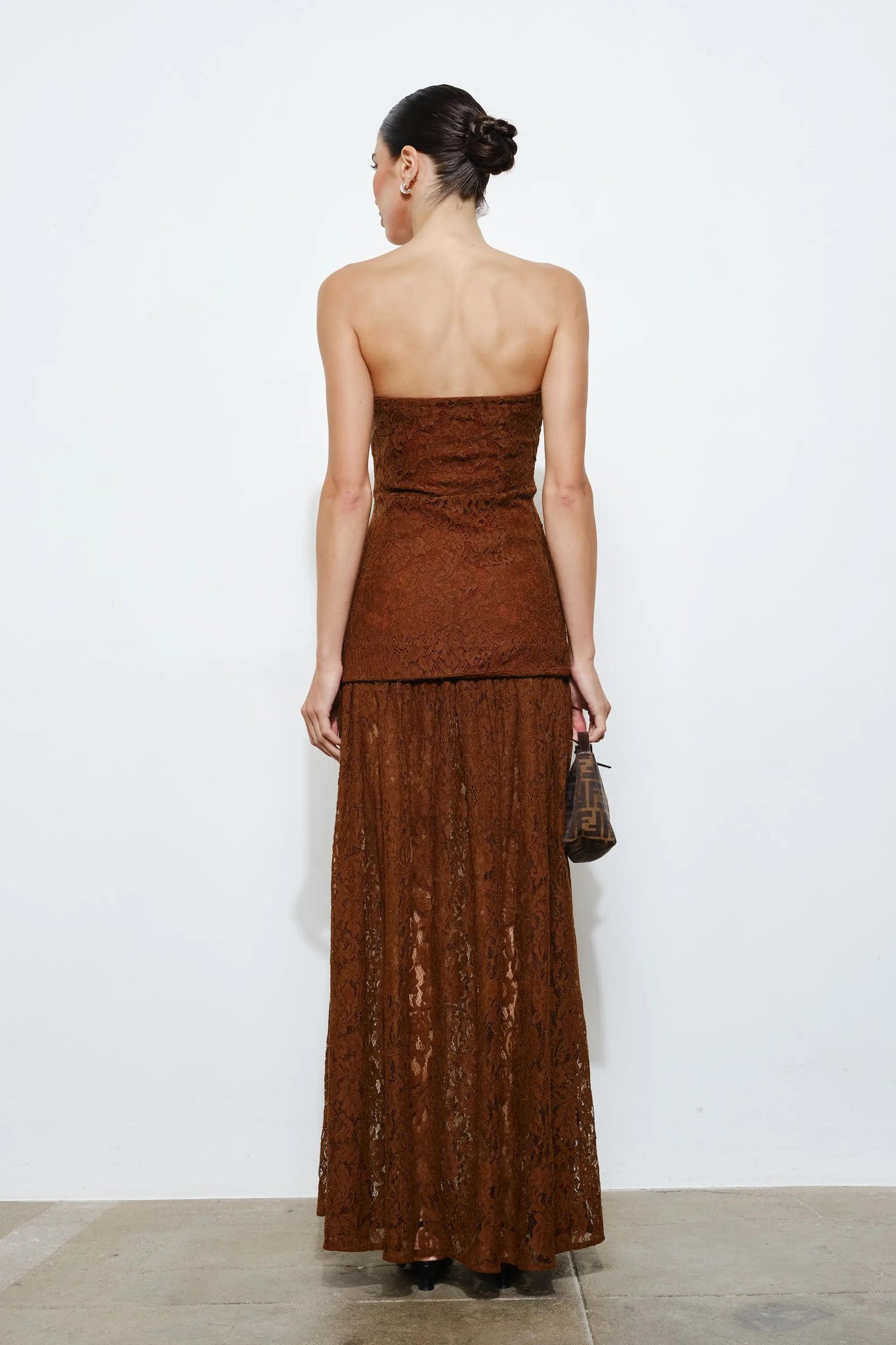 Ines Strapless Brown Lace Maxi Dress Brown
