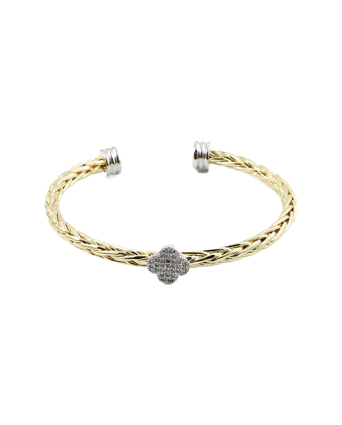 Stainless Gold Rope Cuff Single CZ Clover