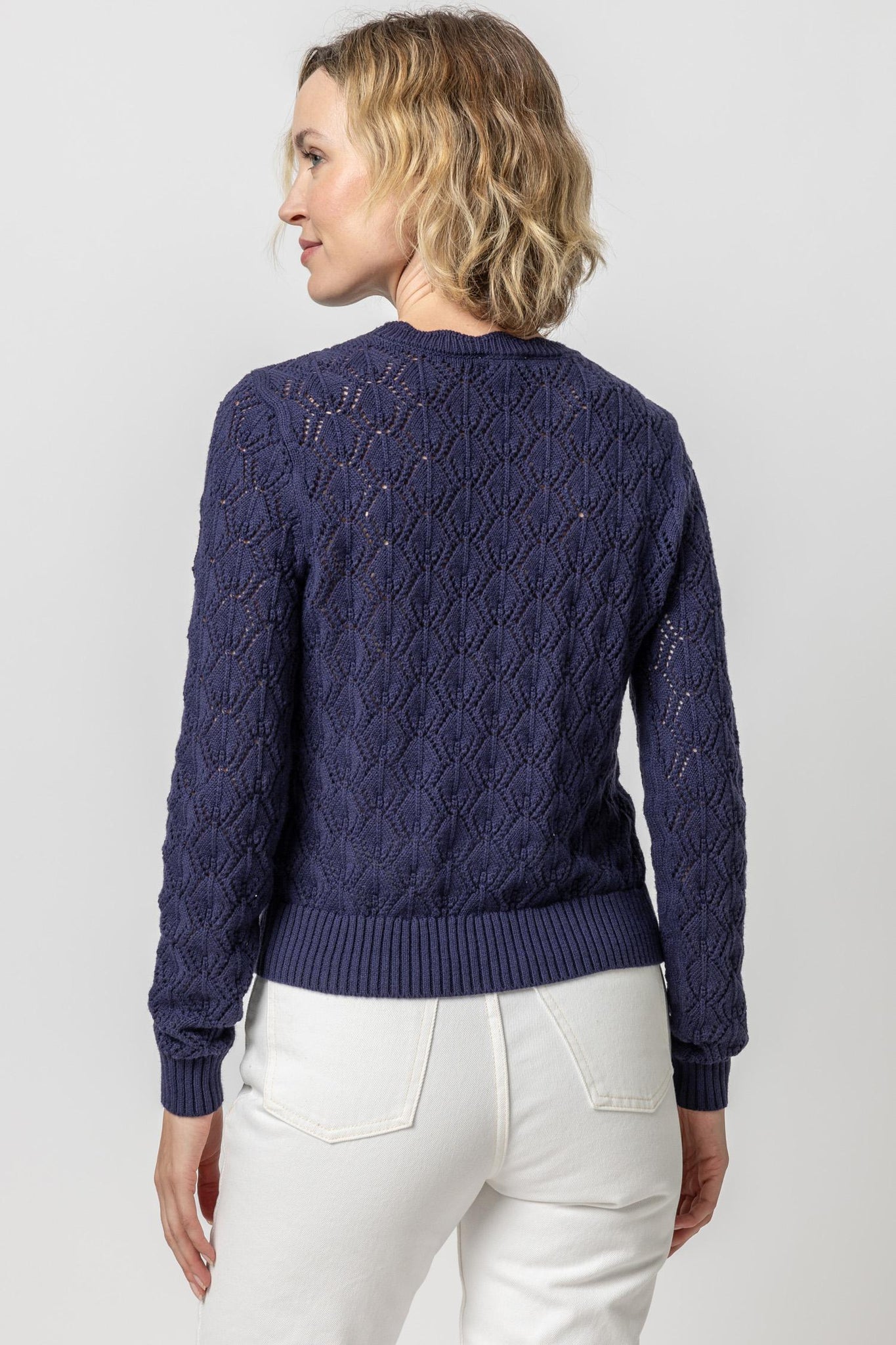Pointelle Stitch Crewneck Sweater Navy