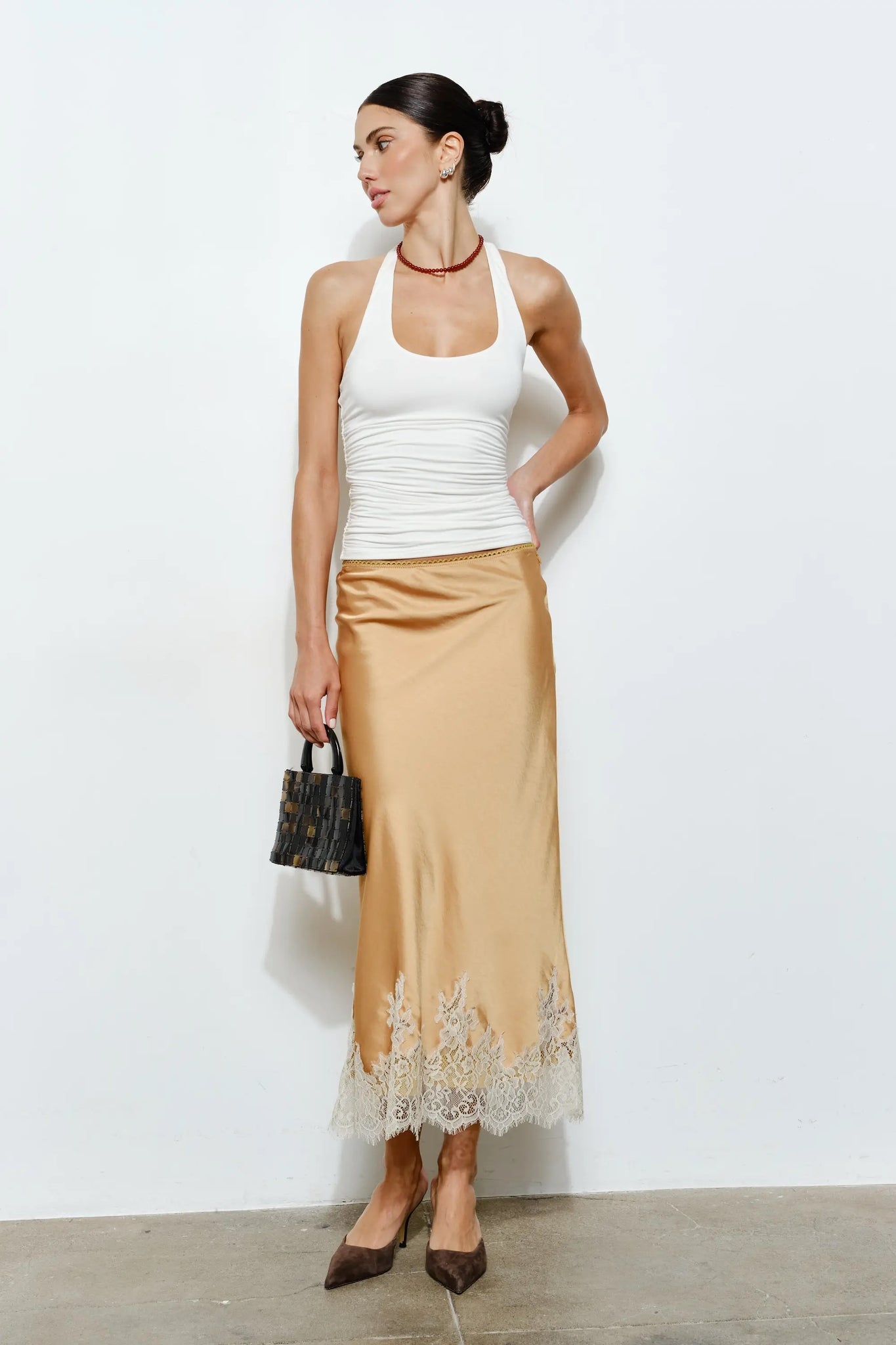 Camila Lace Trim Midi Slip Skirt Marigold