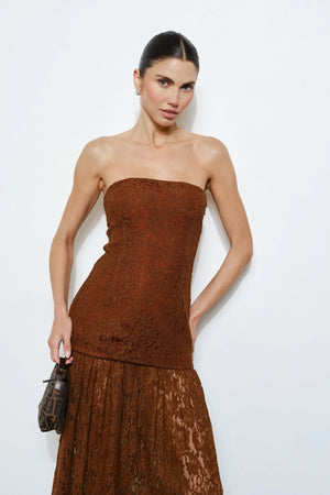 Ines Strapless Brown Lace Maxi Dress Brown
