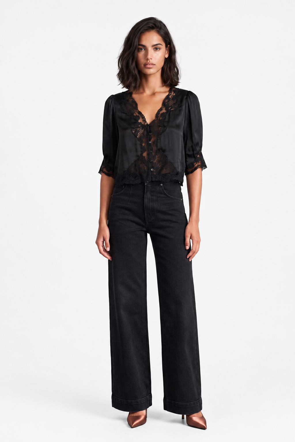 Button Front Blouse with Lace Trim- Black