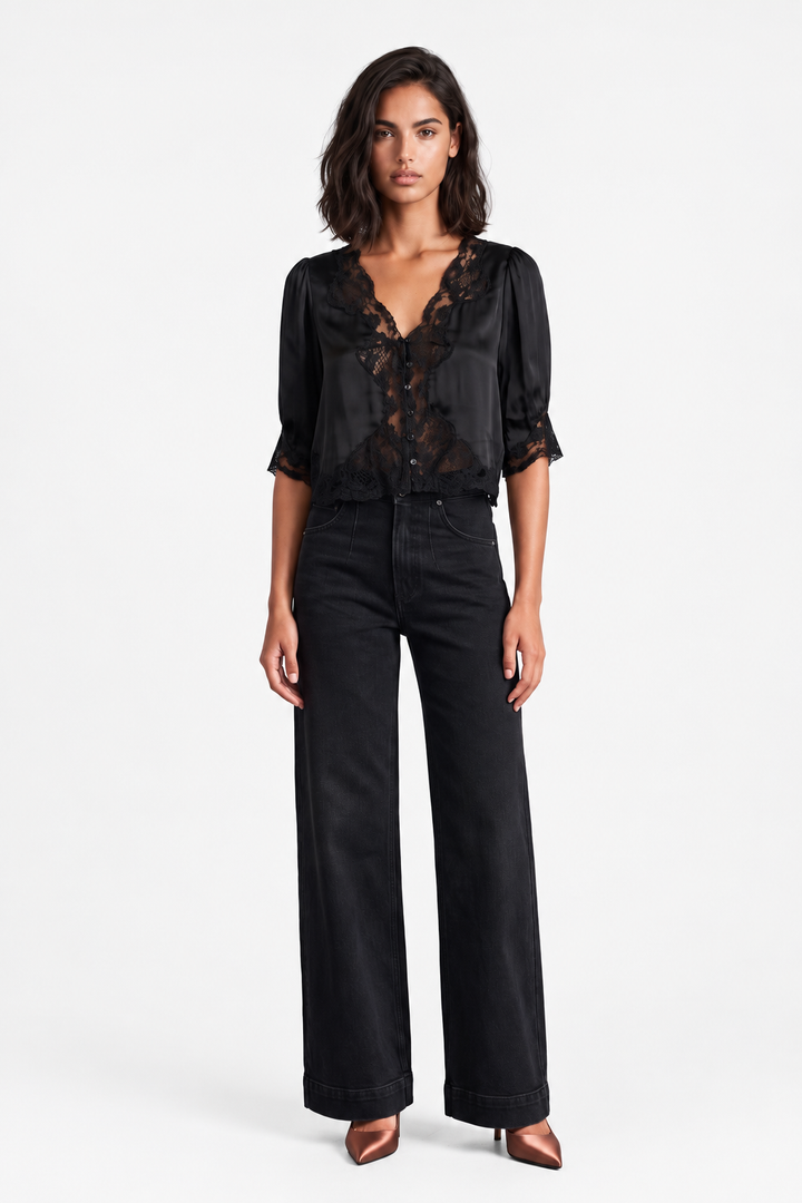 Button Front Blouse with Lace Trim- Black