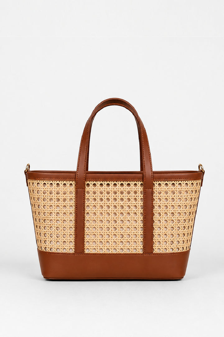 Kat East/West Straw Cane Tote-Cognac