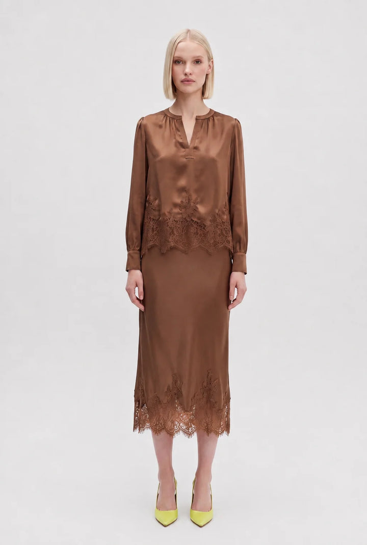 Lace Hem Midi Skirt- Mocha
