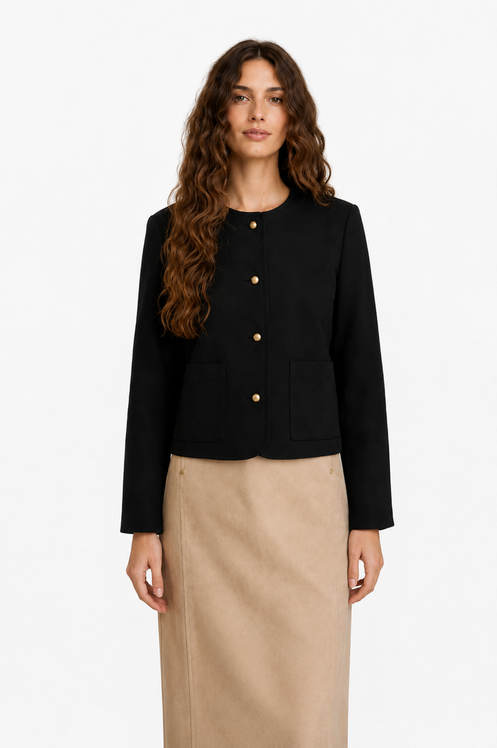 Suede Collarless Jacket-Black
