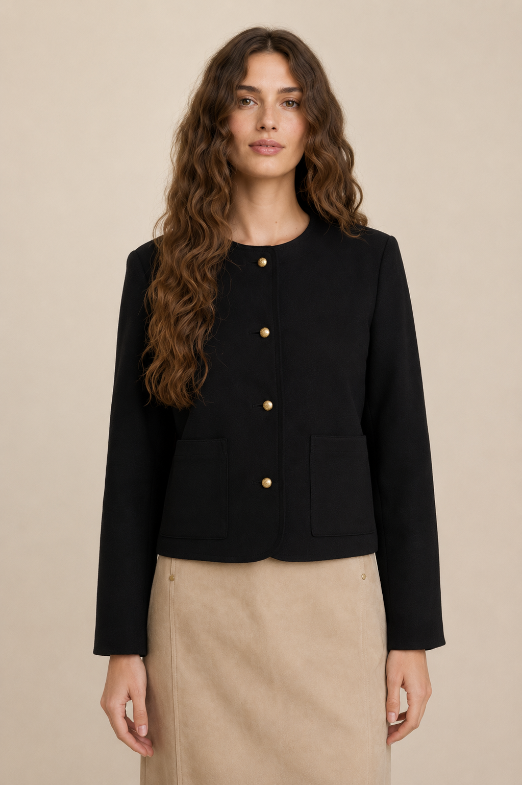Suede Collarless Jacket-Black