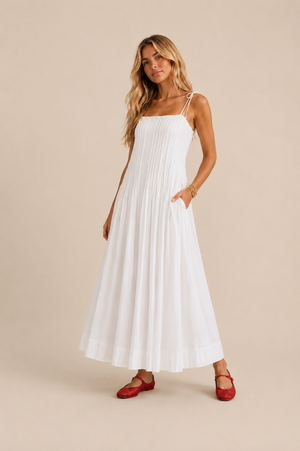 pleat front midi dress PLEAT-FRONT A-LINE MIDI DRESS