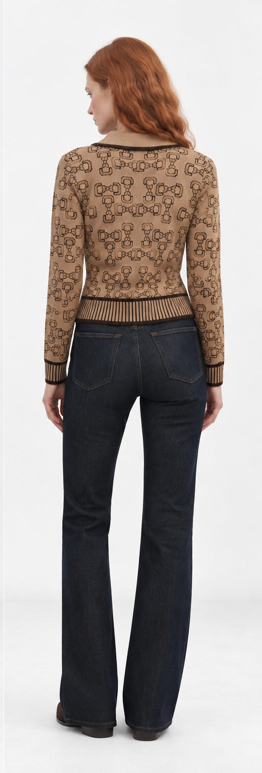 Bow & Horse Bit Print Cardigan-Brown