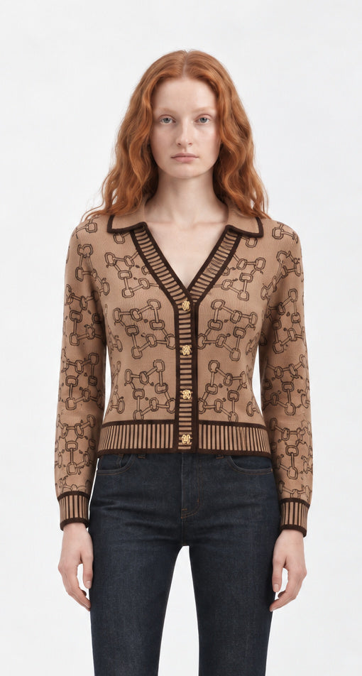 Bow & Horse Bit Print Cardigan-Brown