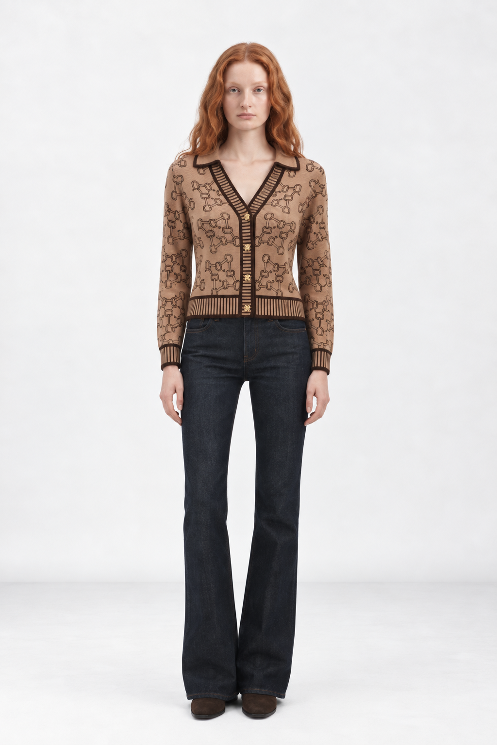 Bow & Horse Bit Print Cardigan-Brown