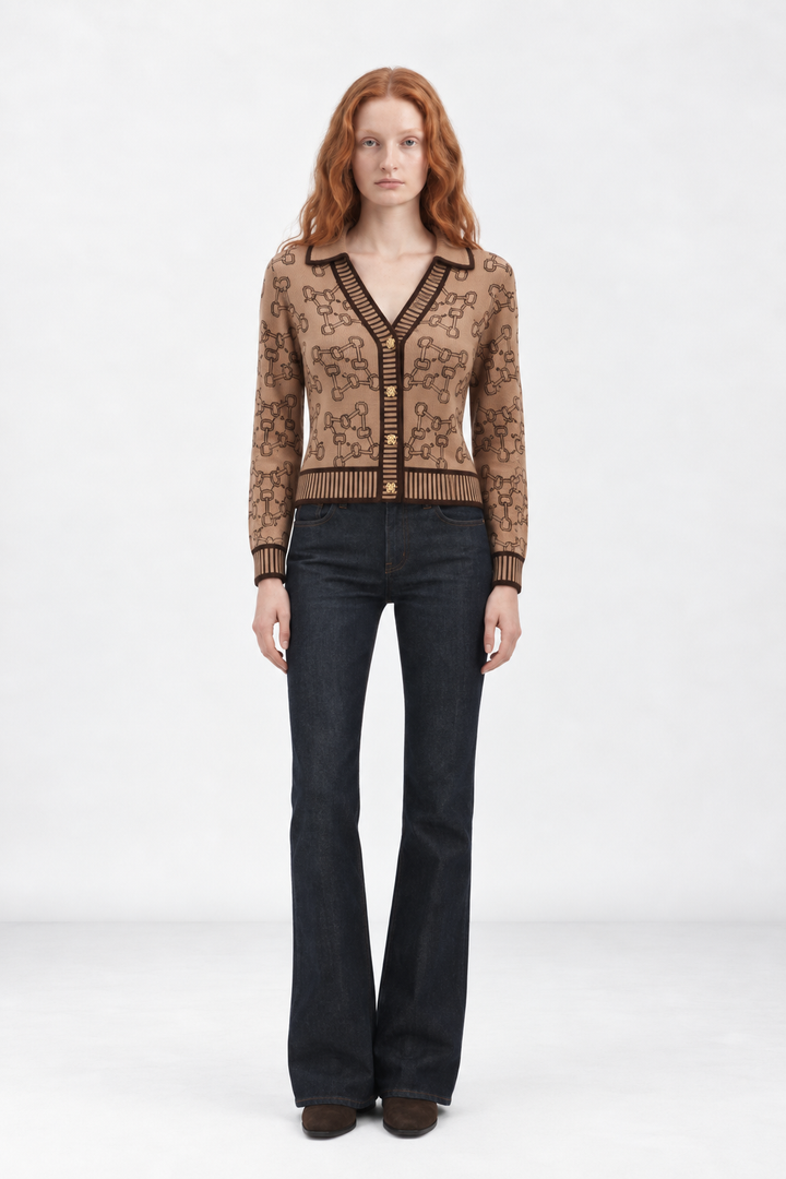 Bow & Horse Bit Print Cardigan-Brown