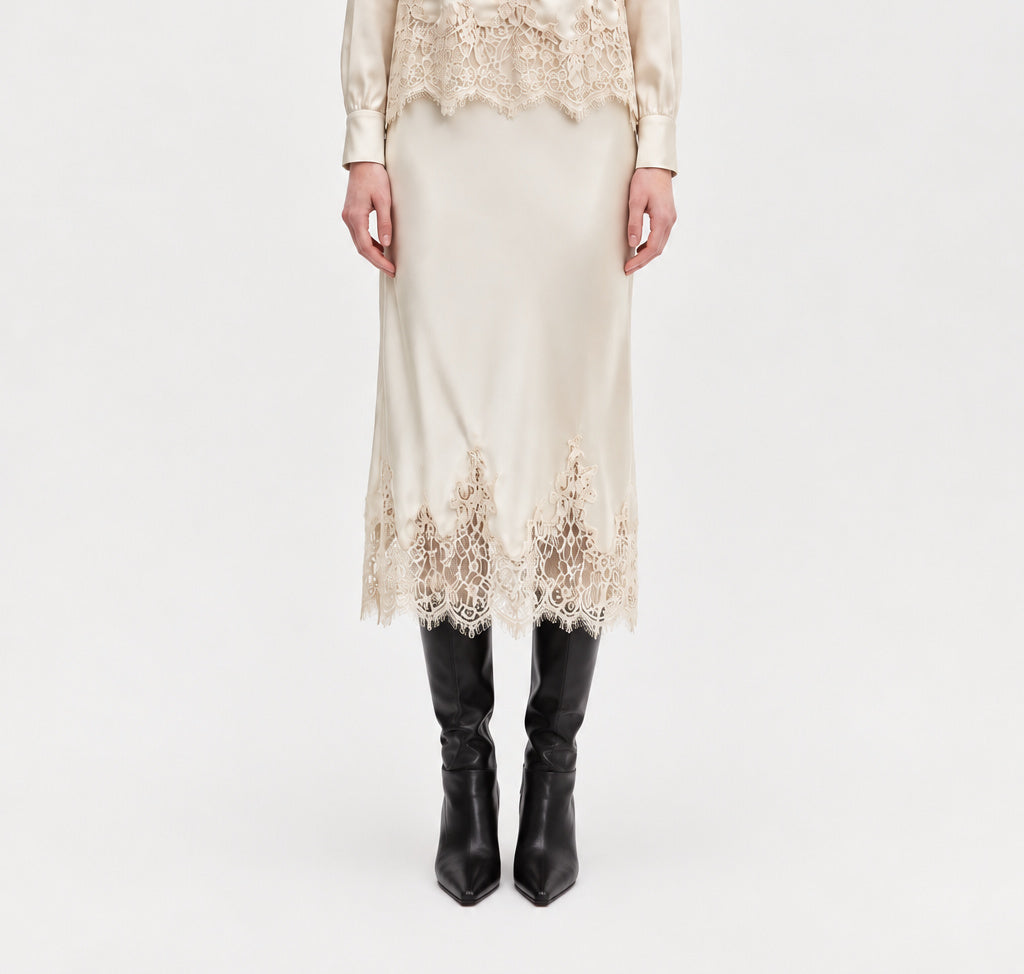 Lace Hem Midi Skirt-Ecru