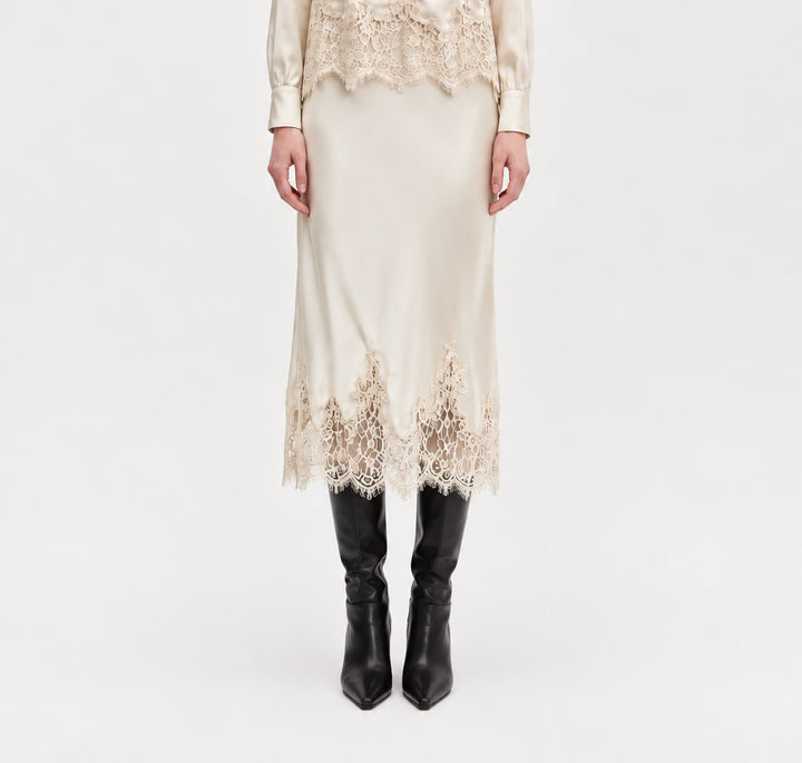 Lace Hem Midi Skirt-Ecru