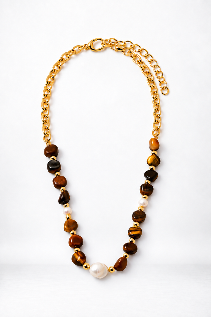 Claudet Collection-Link Chain w/TIgers Eye Stones/Pearl