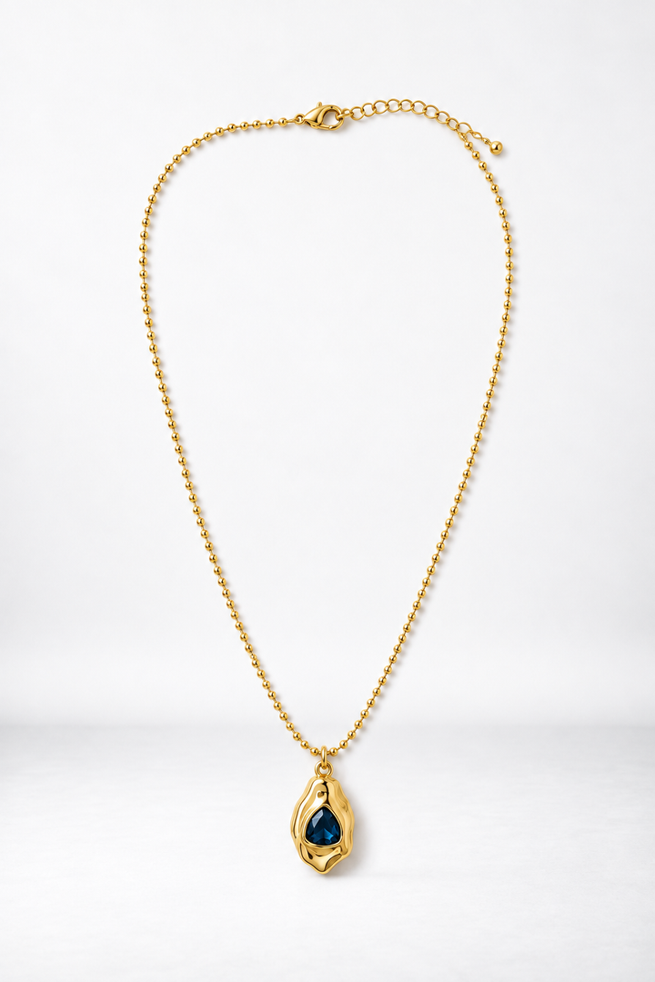 Gold Filled Ball Chain w/Blue Abstract Crystal in Gold
