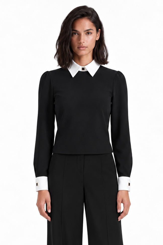 Echo Crepe Collared Top-Blk/White