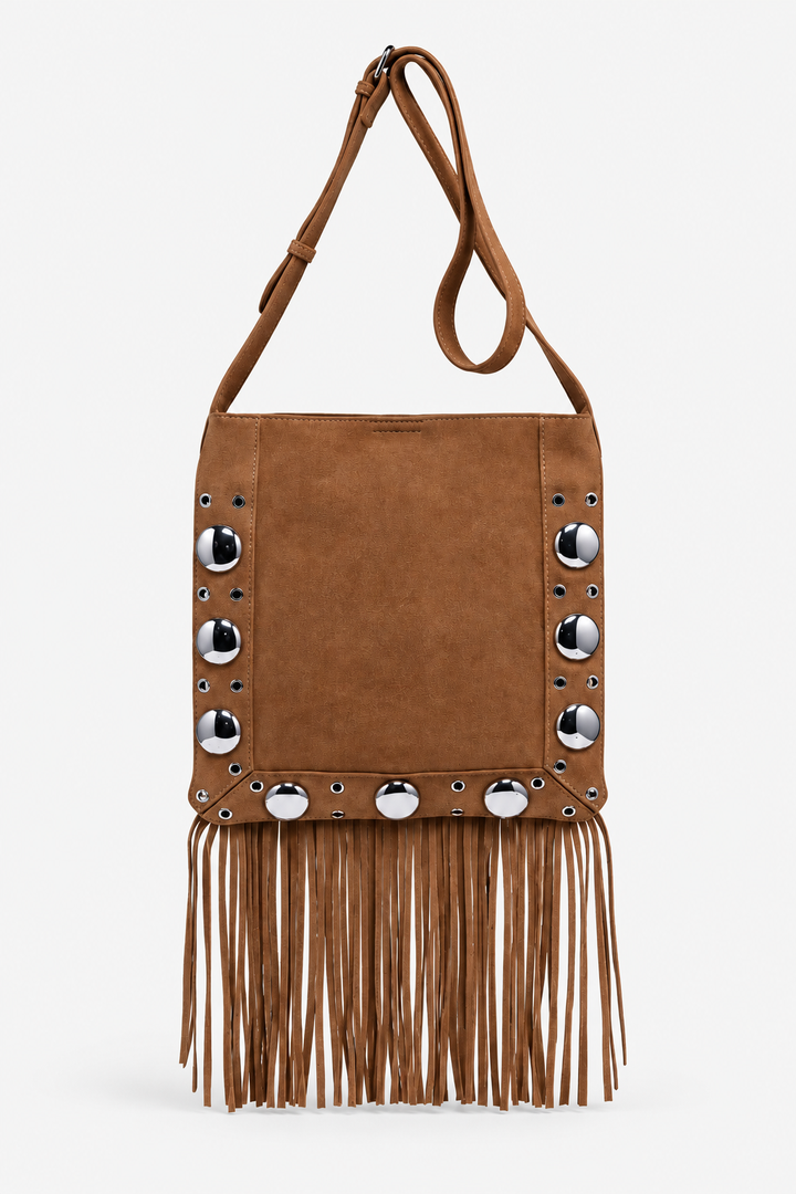 Courtney Fringe/Grommet Crossbody-Cognac