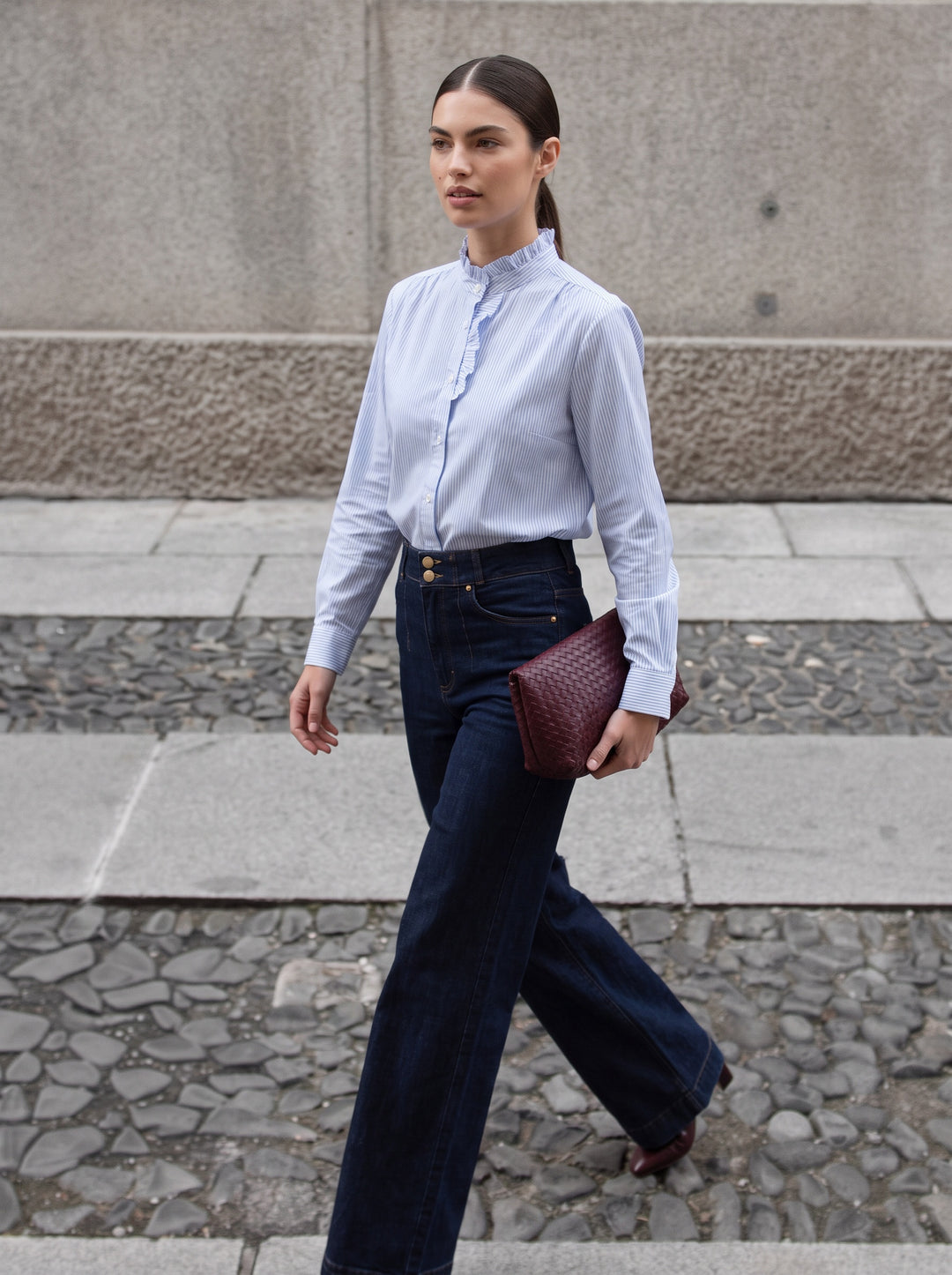 Striped Ruffle Neck Blouse-Light Blue Stripe