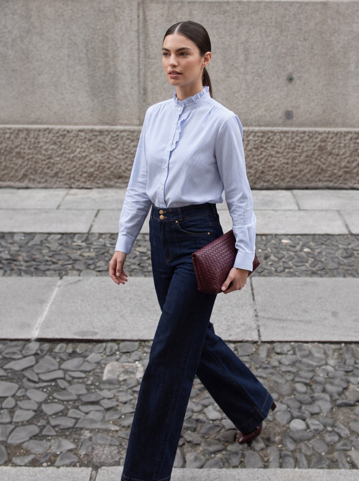 Striped Ruffle Neck Blouse-Light Blue Stripe