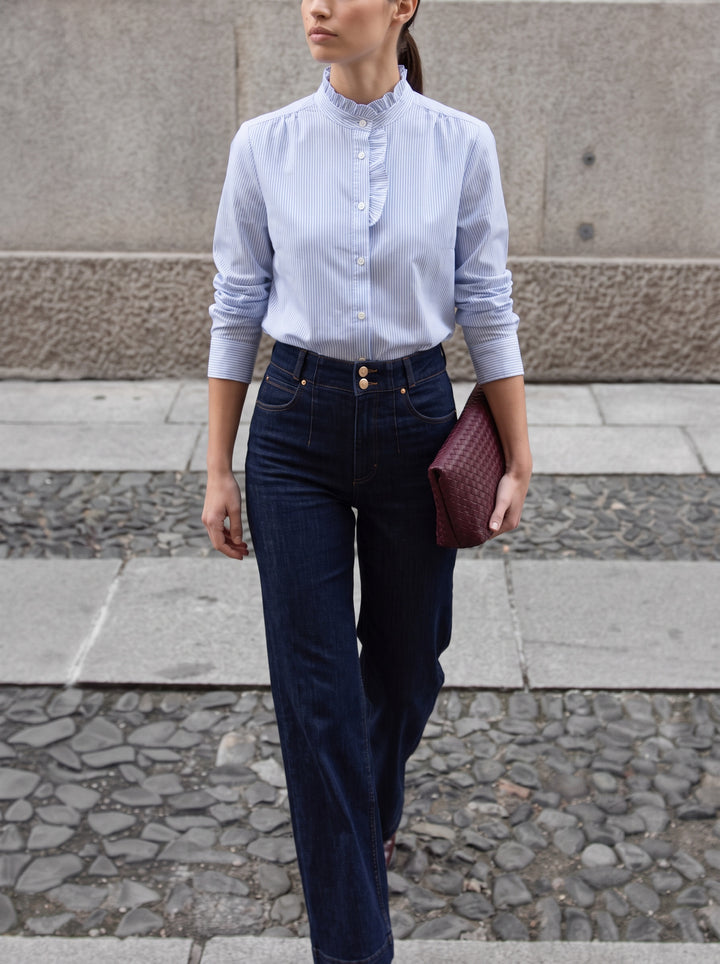 Striped Ruffle Neck Blouse-Light Blue Stripe