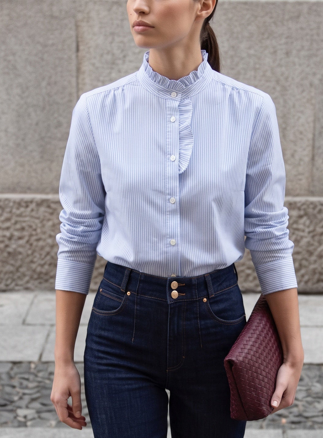 Striped Ruffle Neck Blouse-Light Blue Stripe