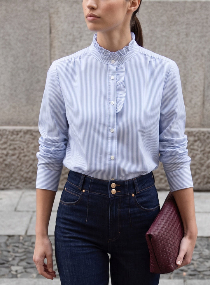 Striped Ruffle Neck Blouse-Light Blue Stripe