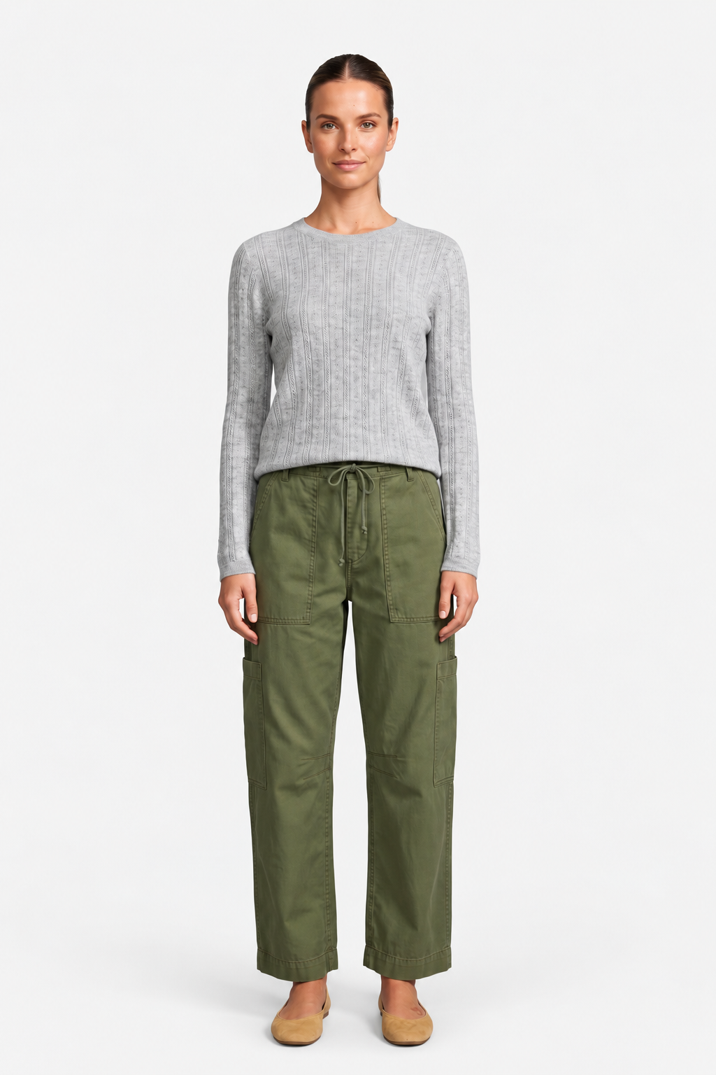 Scalloped Pointelle Knit Top-Grey