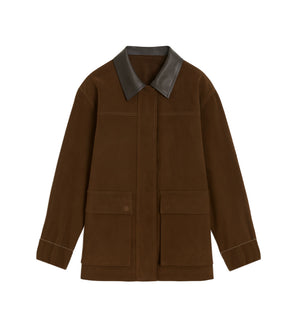 Faux Suede Jacket Leather Collar Brown