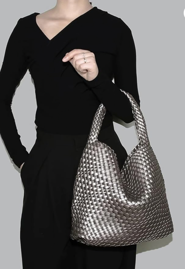 Large Pewter Woven Tote Bag