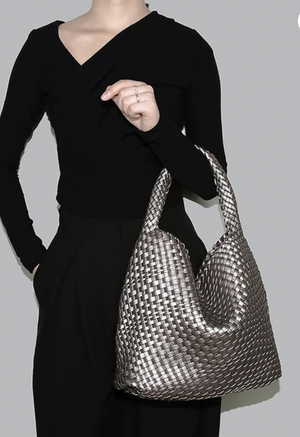 Large Pewter Woven Tote Bag