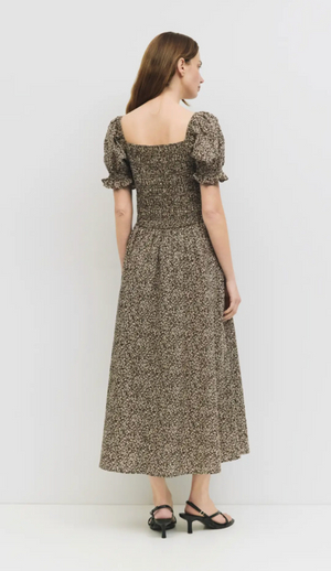 Harleen Smocked Floral Midi Dress Brown