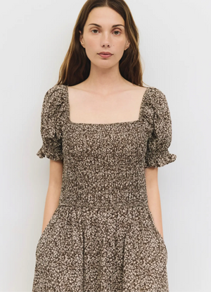Harleen Smocked Floral Midi Dress Brown