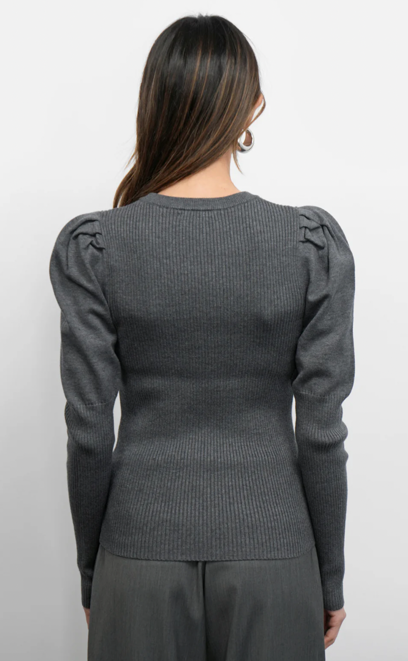 Renoa Puff Sleeve Ribbed Knit Top Charcoal