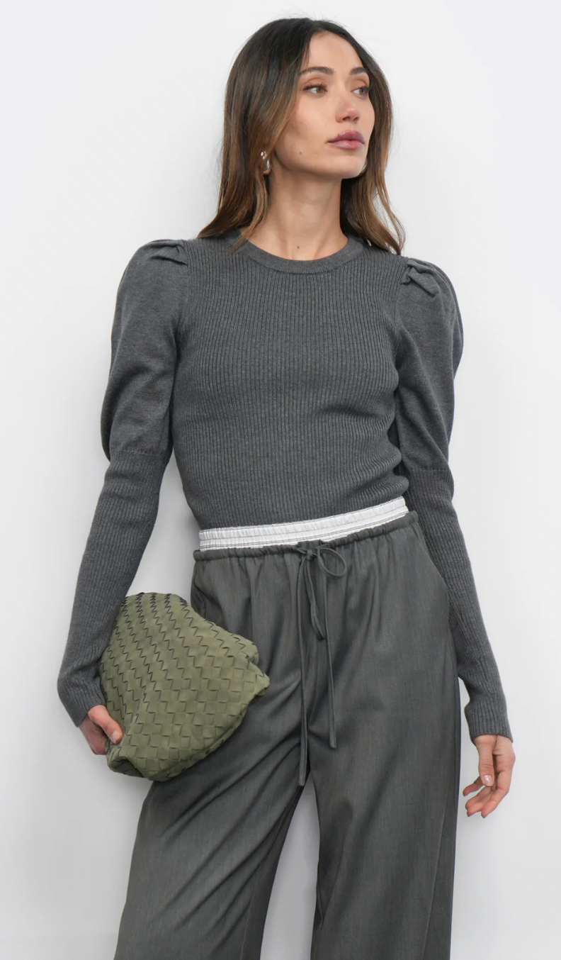Renoa Puff Sleeve Ribbed Knit Top Charcoal