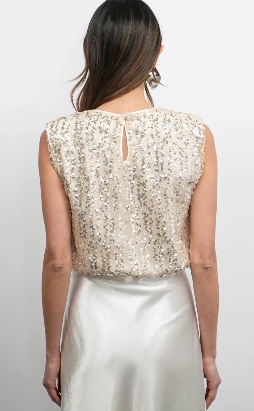 Liberty Padded Shoulder Sequin Top-Pearl