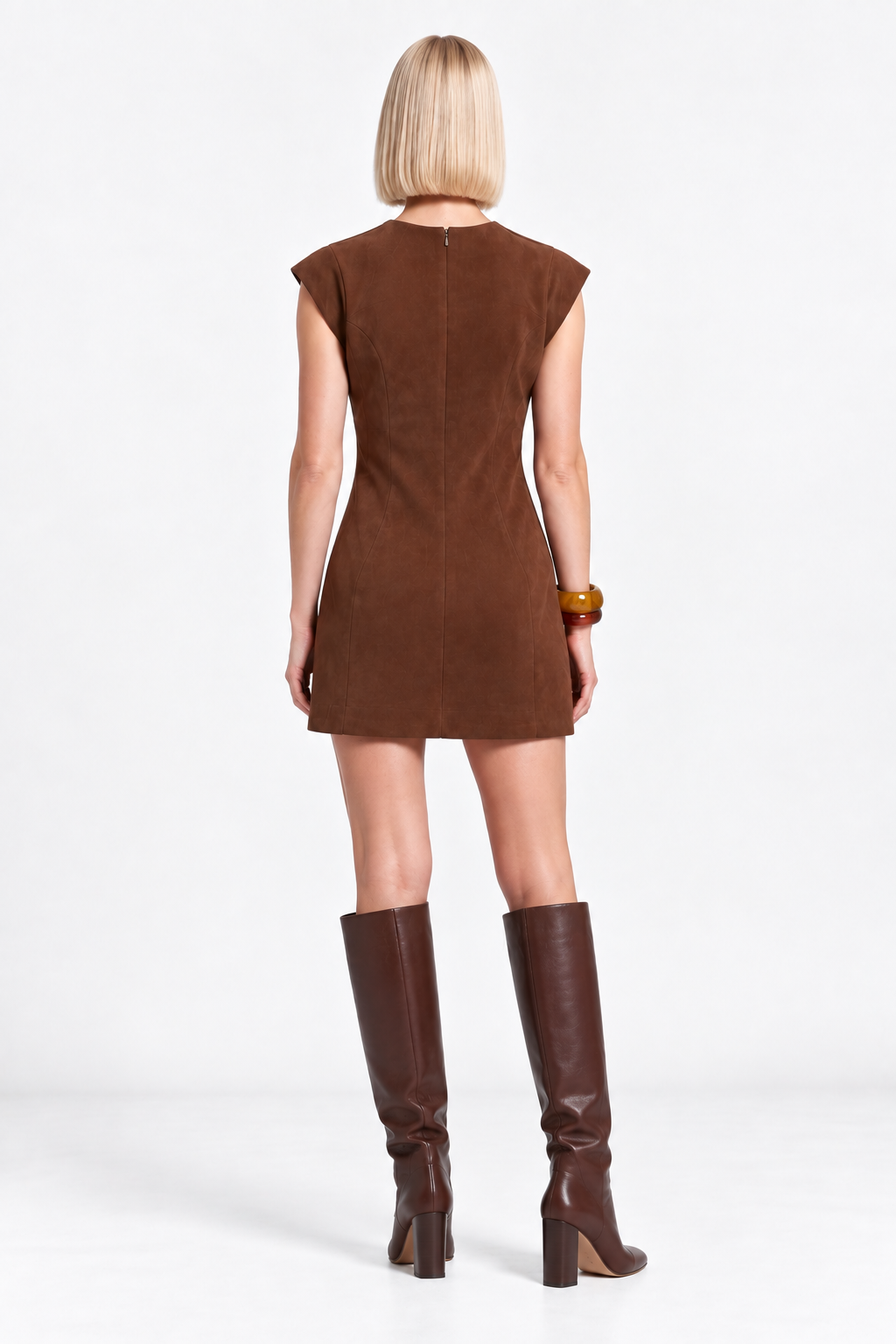Sleeveless Sueded Dress-Cognac