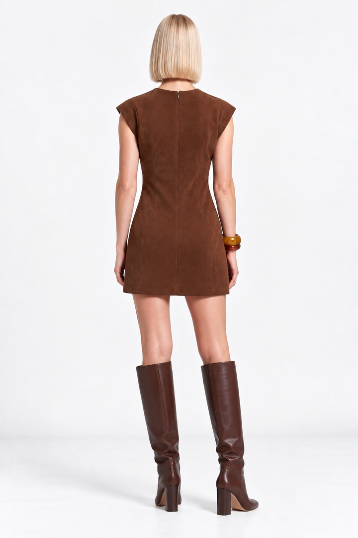 Sleeveless Sueded Dress-Cognac
