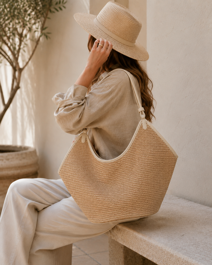 Porto Raffia / Leather Tote-Beige