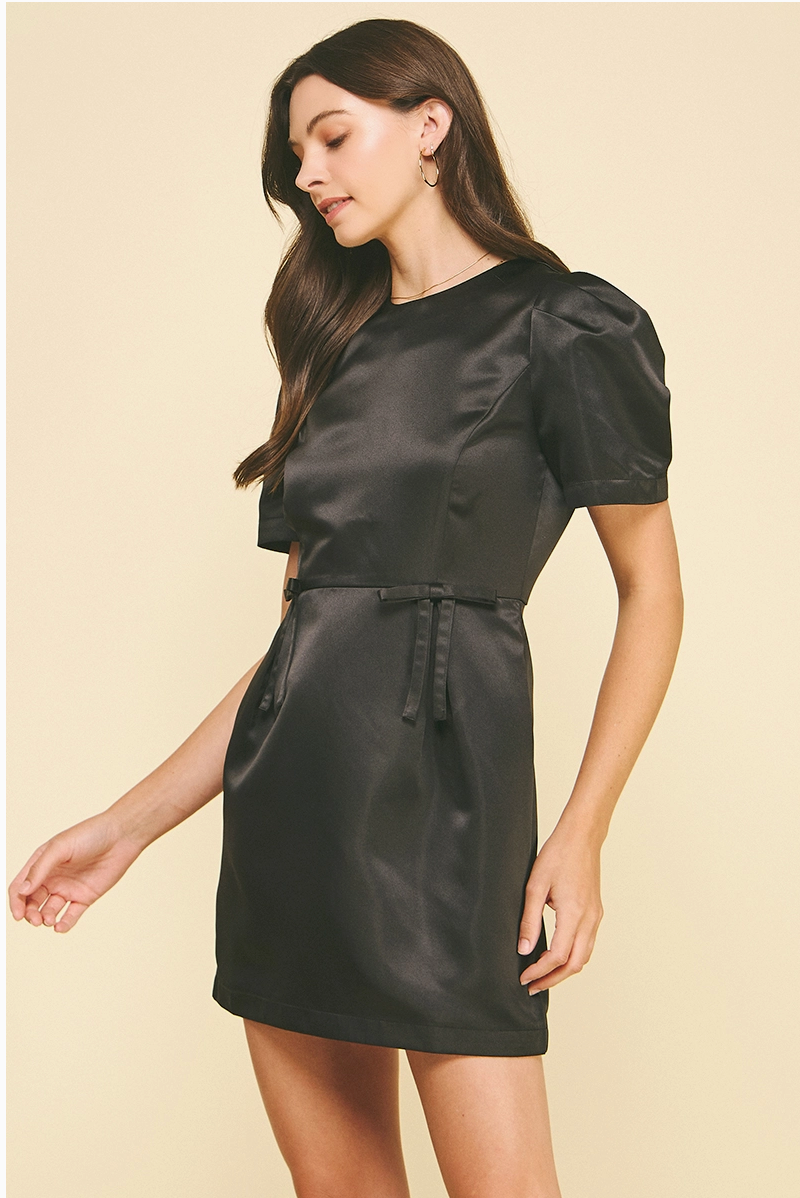 Ribbon Detailed Satin Dress Black