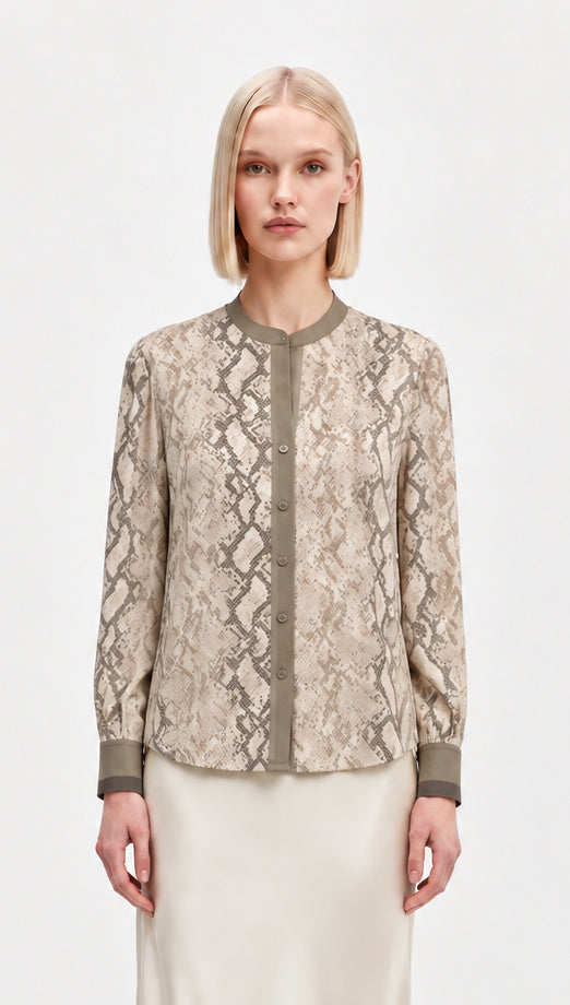 Snake Skin Mandarin Collar Blouse-Taupe
