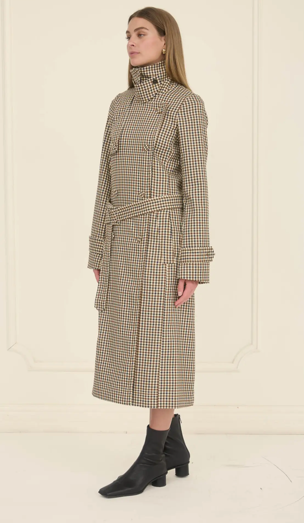 Clyde Plaid Belted Trench Coat Brown Plaid