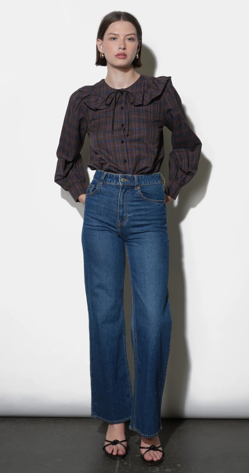 Krista Peter Pan Collar Plaid Blouse Wine Combo