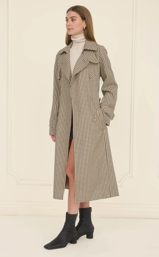 Clyde Plaid Belted Trench Coat Brown Plaid