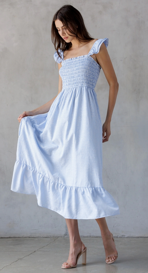 Blue Gingham Smocked Bodice Midi Dress