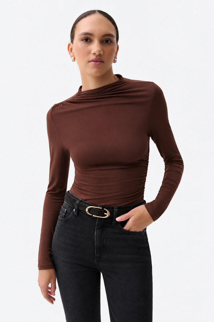 Nathalia Draped Mock Neck Top-Woodland