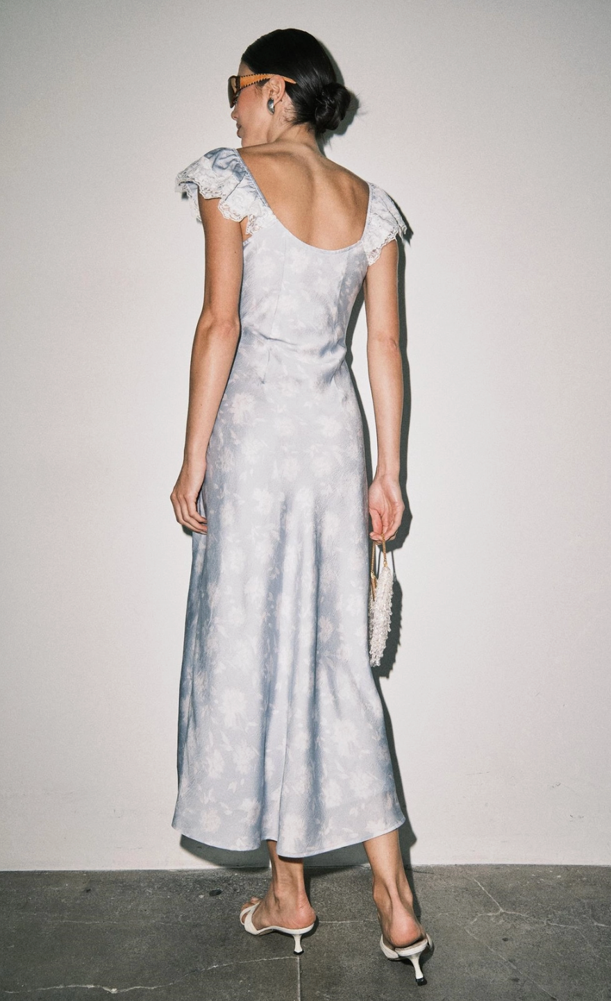 Camille Floral Satin Dress-Light Blue