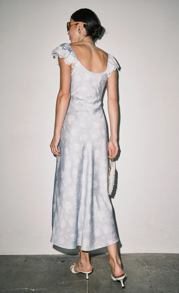 Camille Floral Satin Dress-Light Blue