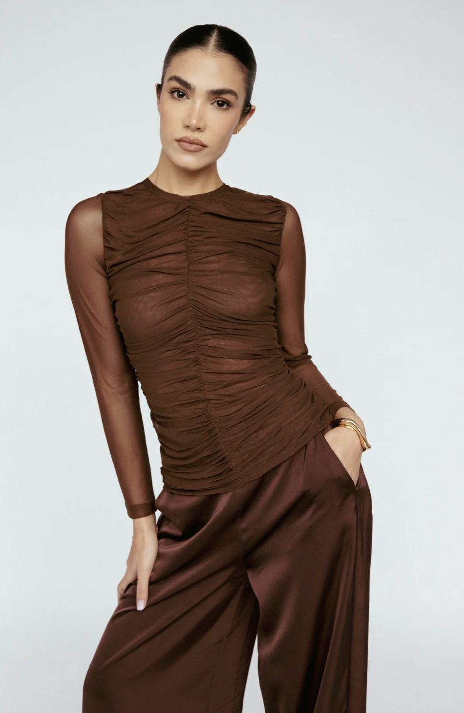 Ruche Mesh Long Sleeve Top Coco