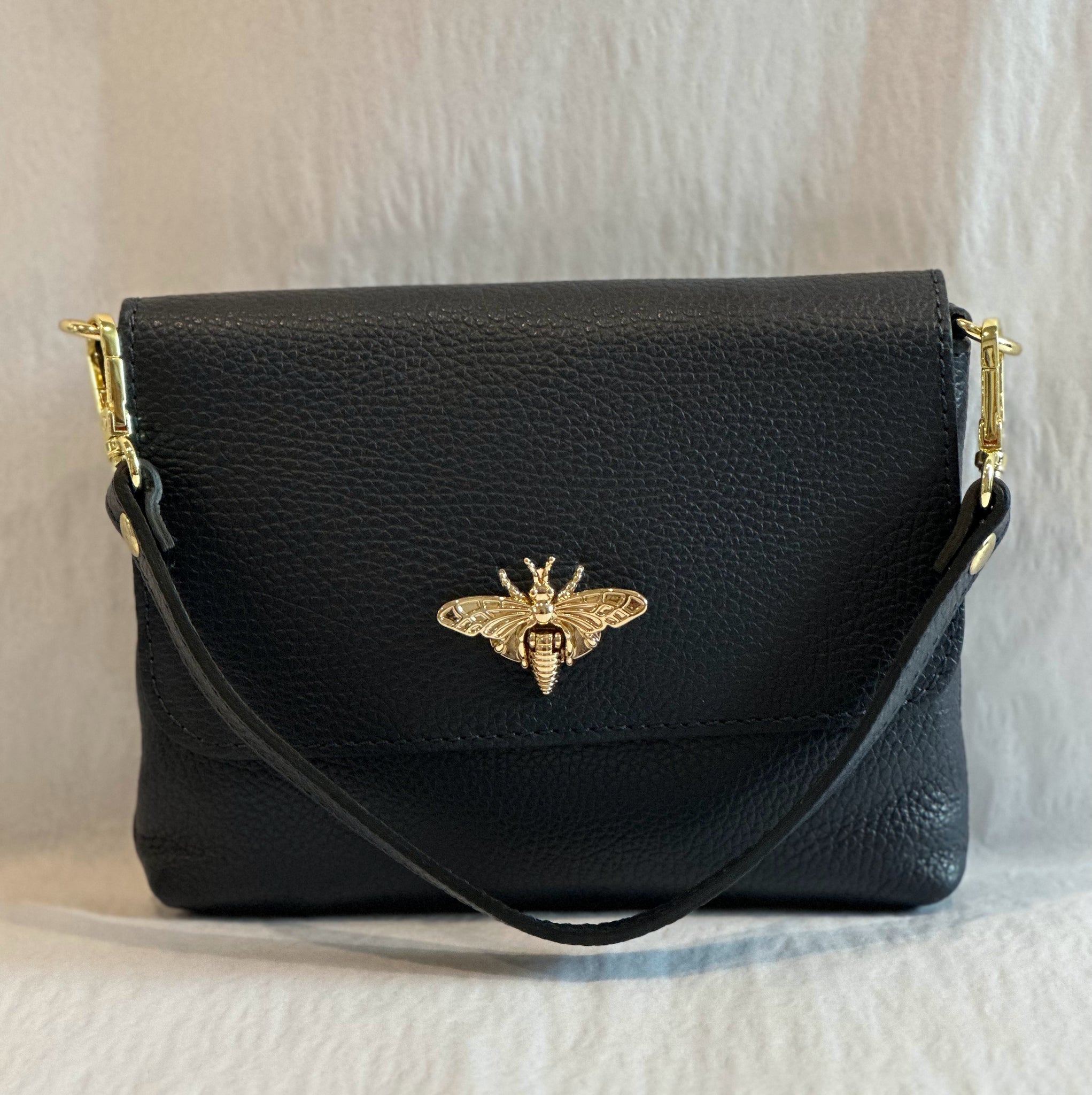 Navy Leather Clutch with Bee